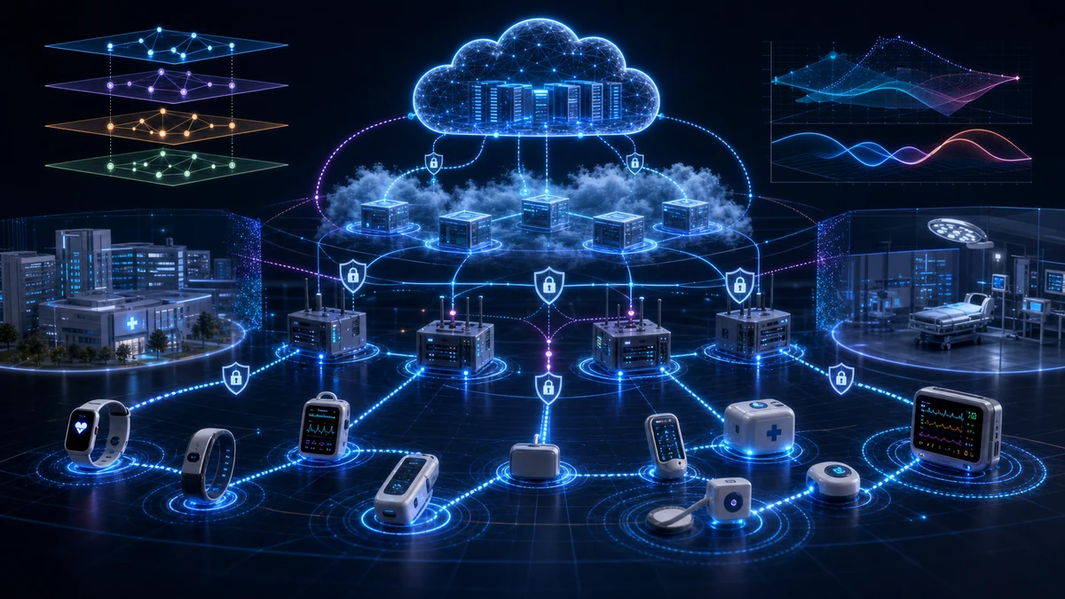 Scientific illustration of IoMT dependability and security quantification across cloud fog edge continuum