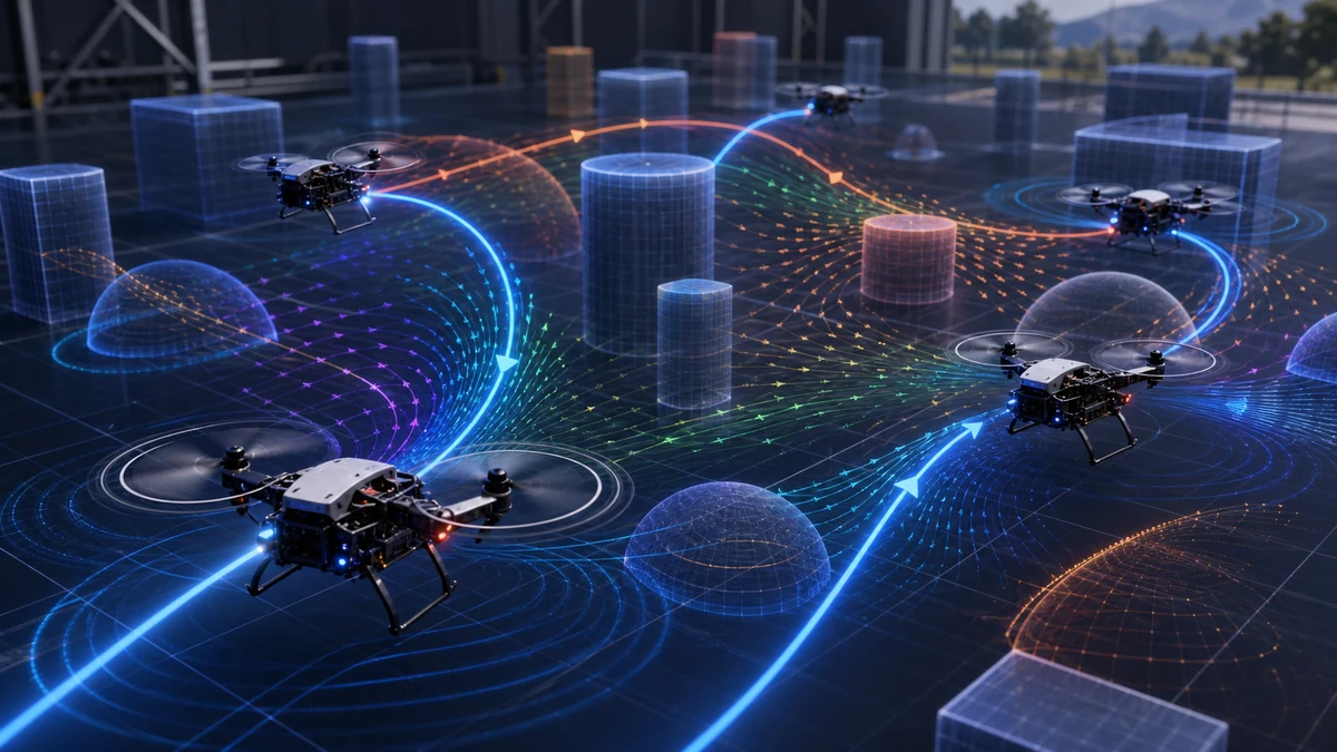 Scientific illustration of steering behavior based obstacle avoidance control for multiple rotary UAVs