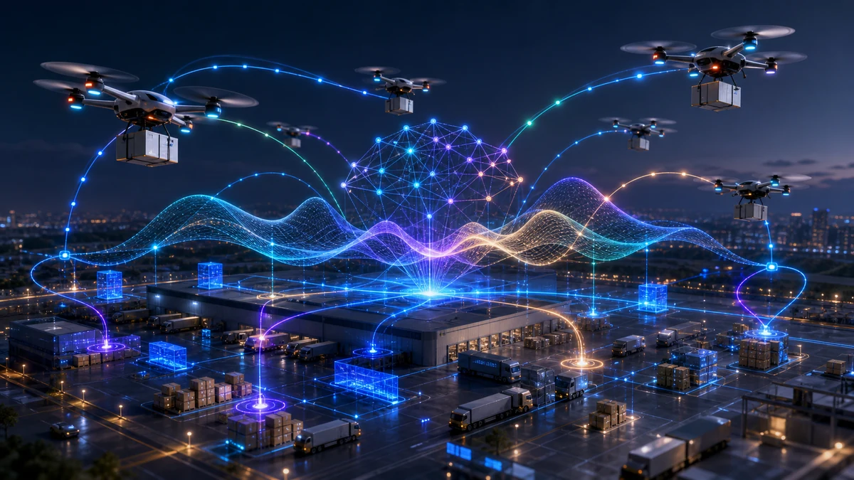 Scientific illustration of multi-agent reinforcement learning based UAS control for logistics environments