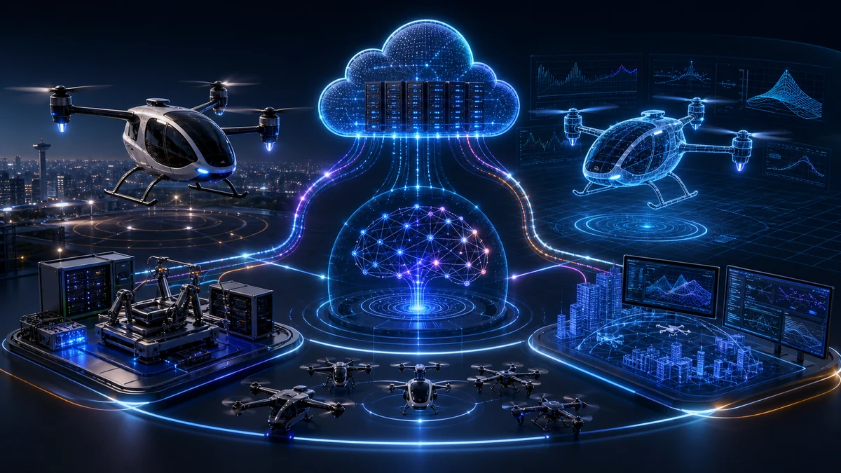 Scientific illustration of cloud-in-the-loop digital twin simulation for eVTOL KADA-UAM personal aerial vehicles