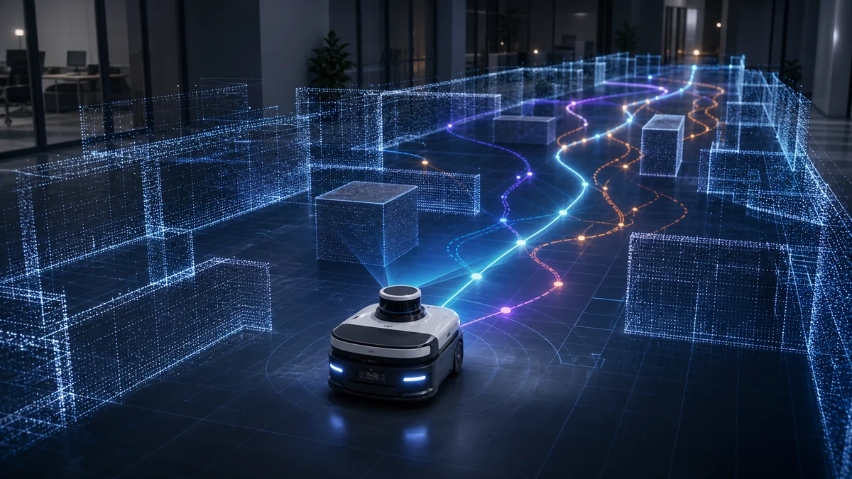 Scientific illustration of SLAM-enhanced deep reinforcement learning navigation for indoor self-driving