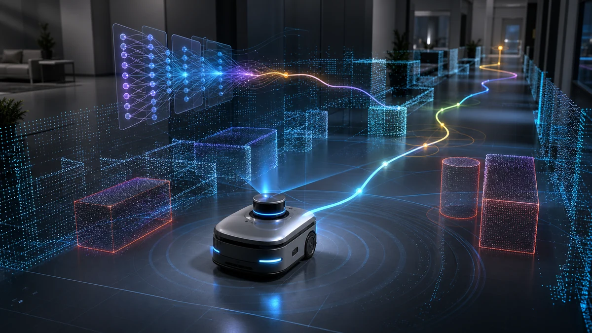 Scientific illustration of indoor self-driving robot navigation with deep reinforcement learning and SLAM