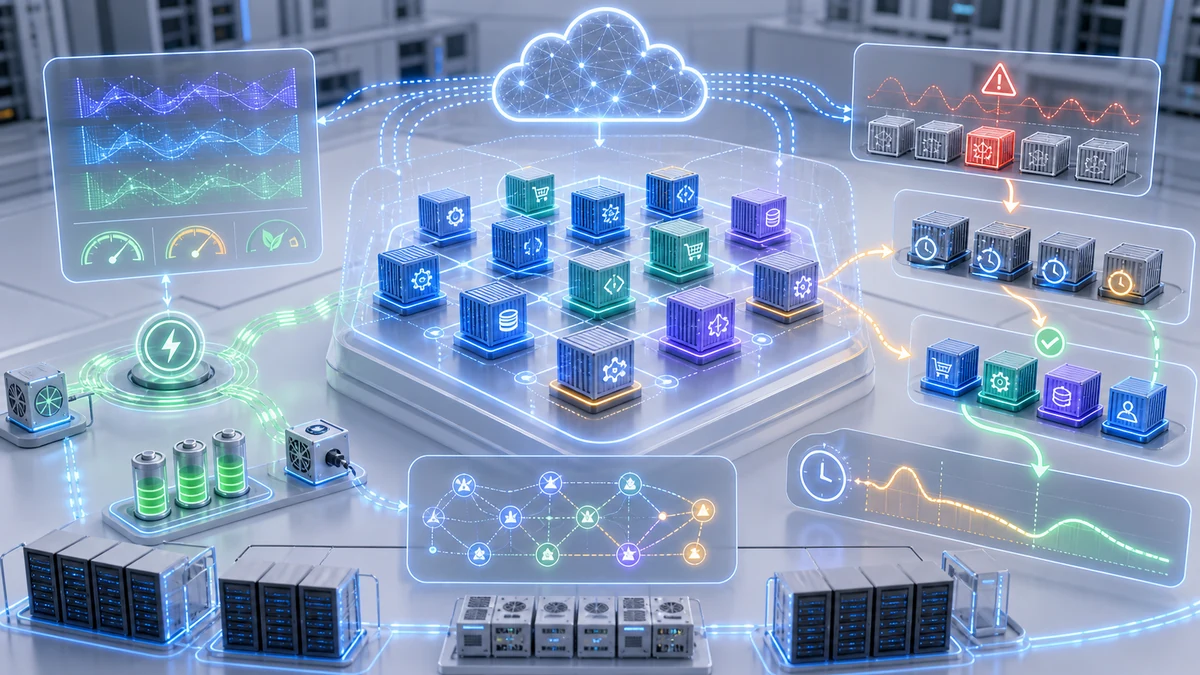 Scientific illustration of resilient microservices with energy and recovery-time modeling