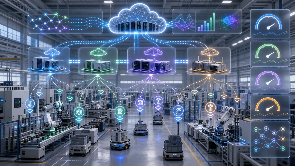 Scientific illustration of edge-fog-cloud industrial automation performance evaluation
