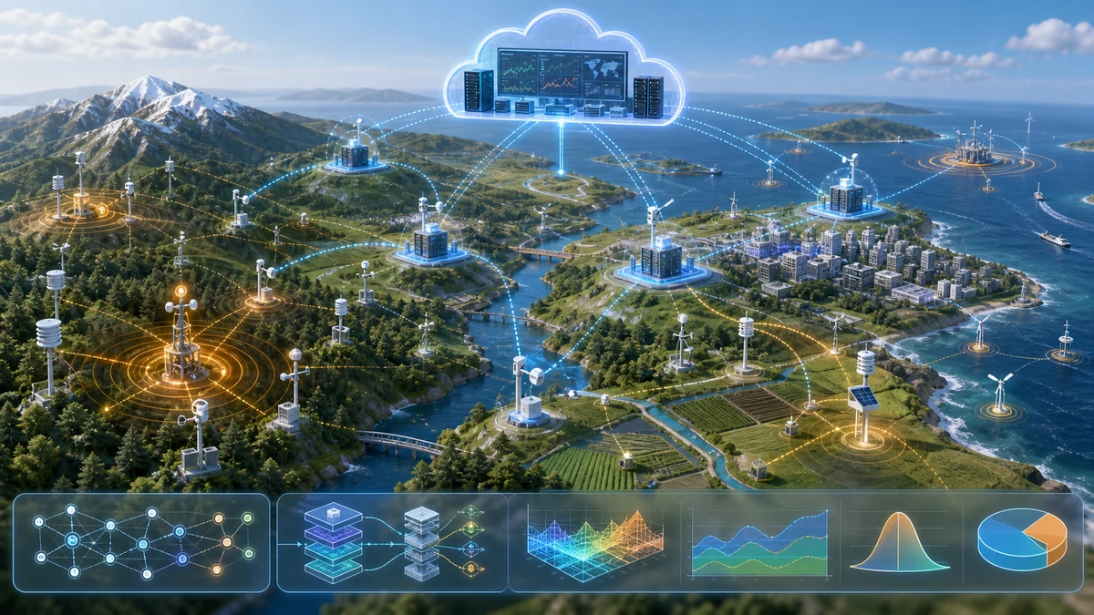 Scientific illustration of multi-region IoT disaster detection with cloud-fog monitoring