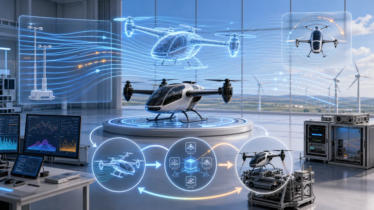 Scientific illustration of vehicle digital twin flight simulation under steady wind conditions