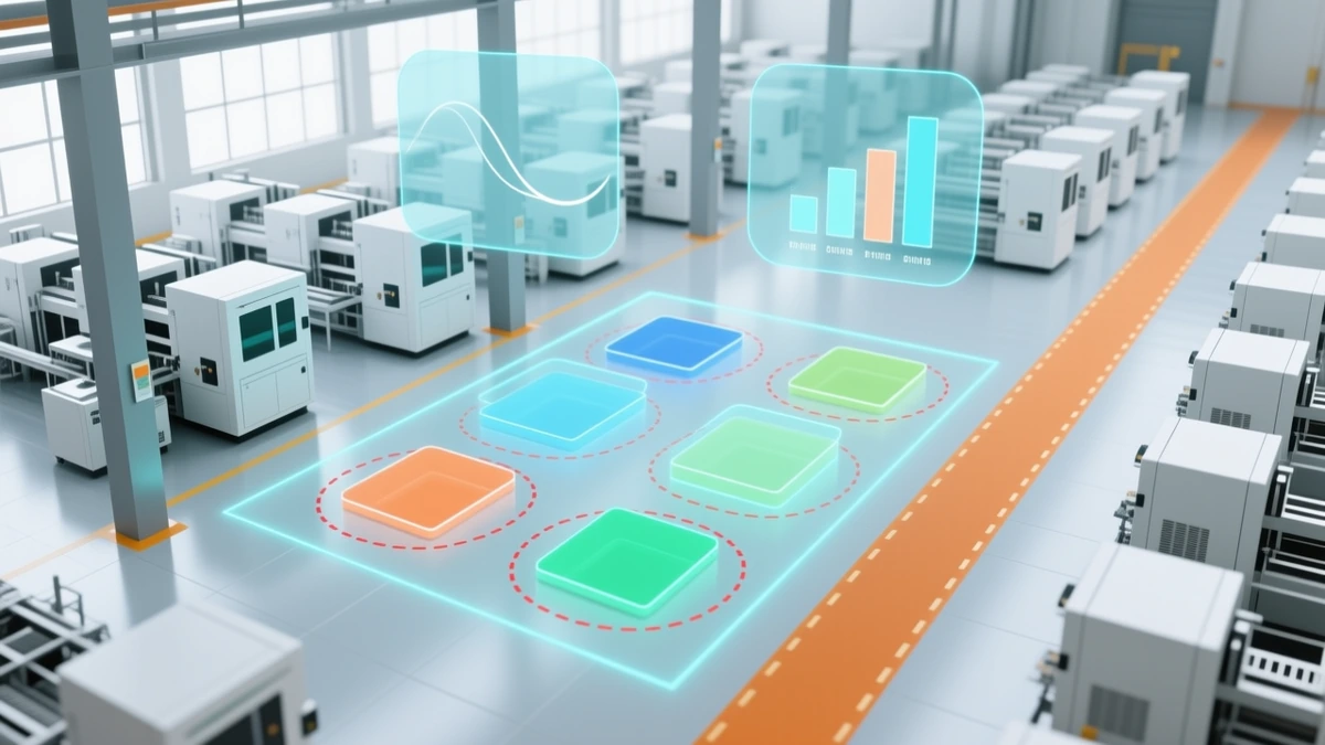 A bright factory floor with rows of machine units, overlaid by a luminous layout plan of coloured module footprints, red dashed clearance rings around a structural column, an amber walkway corridor, and panels for the cooling schedule and footprint comparison