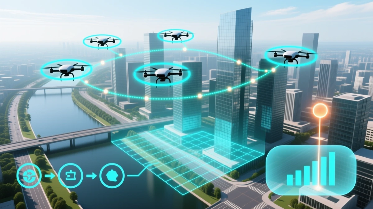 Five quadcopters flying above a sunlit city, each ringed in cyan and joined to the others by glowing message links, with a projected grid marking the simulated area below, a small pipeline of circled stages, and a panel of per-agent values merging into one