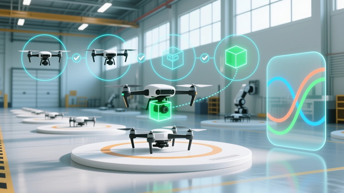 A quadcopter lifting a glowing green cube in a bright hangar, with more drones on landing pads receding behind it, four circled stages joined by check-mark gates above, and a panel of reward curves crossing over one another