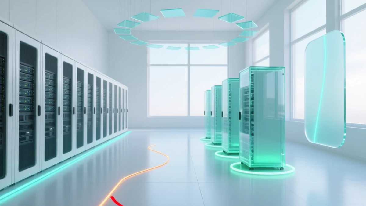 A bright server hall with a long row of solid white server racks lit by a cyan floor strip on the left, a facing row of semi-transparent glass replicas of the same rack glowing green on their own rings, a hovering ring of blank glass plates mid-rotation above the aisle, and an amber probe line running along the floor and turning red