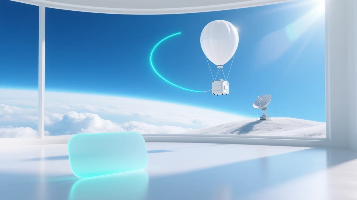 A white high-altitude balloon carrying an instrument box above a bright cloud deck, a cyan telemetry arc curving down from the payload to a dish ground station on a distant hillside.
