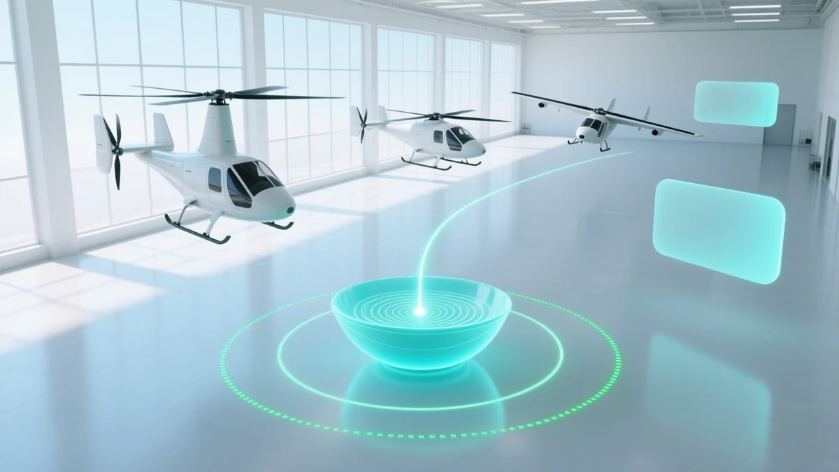 Three white rotorcraft rising in sequence across a bright hall, above a large glowing cyan bowl of concentric contour rings with a single bright trajectory spiralling down to the point at its centre, ringed by a green dashed boundary.