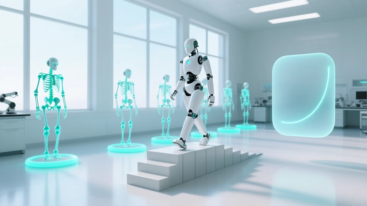 A white humanoid robot stepping up a low block staircase in a bright laboratory, with a row of glowing cyan skeleton figures standing on lit rings behind it and a frosted panel holding one rising curve.