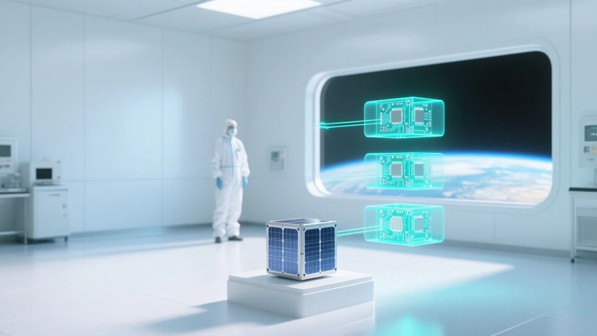 A small solar-panelled cube satellite on a white pedestal in a cleanroom, a technician in a coverall standing behind it, and three stacked glowing translucent circuit boards linked back to the cube by light lines, with the Earth's limb visible through the window.