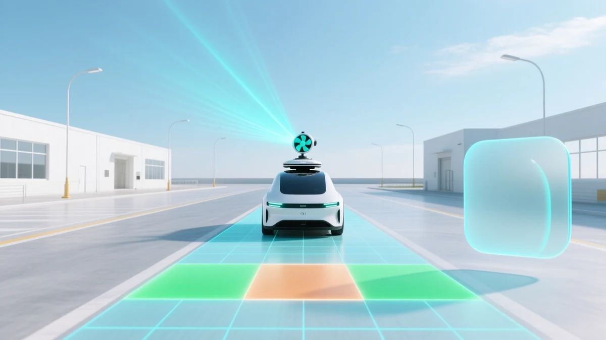 A white autonomous test car on a bright proving ground, a cyan scanning fan sweeping forward from its roof sensor, and the road ahead overlaid with a glowing grid of cells, one lit green and one amber.