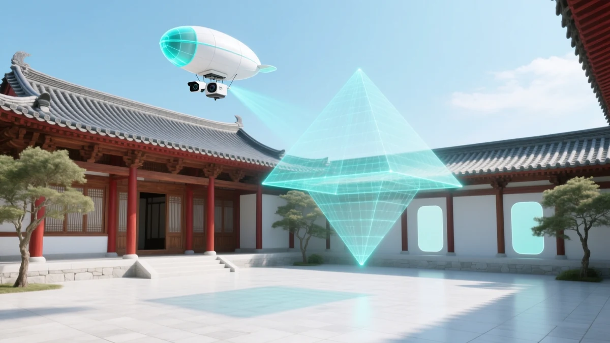 A white unmanned airship with a camera gondola hovering over the tiled roofs and red columns of a heritage courtyard, its cyan camera beam feeding a large glowing wireframe mesh reconstructed in the air beside it.