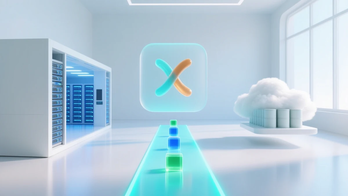 A cutaway on-premise server hall on the left and a cloud of pale server cylinders on the right, joined by a glowing cyan lane carrying small blue and green cubes, with a frosted panel above holding two curves that cross.