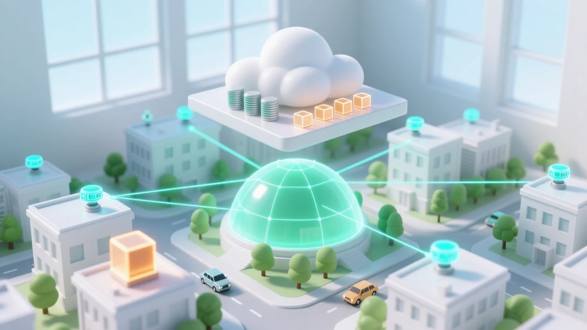 A clean miniature city seen from above, cyan sensor nodes on the rooftops joined by a mesh of light, a translucent green dome over the central block, and a cloud slab carrying pale server cylinders and amber edge boxes floating above.