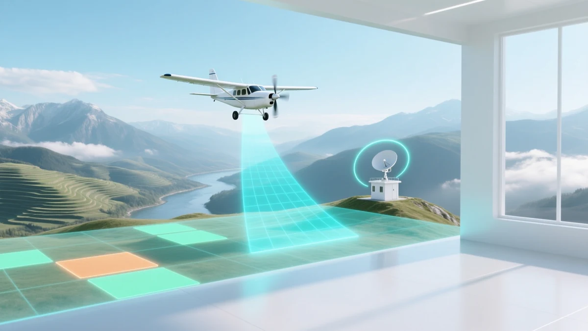 A white survey aircraft flying over a mountain valley of terraced ridges and a winding river, a cyan scan swath fanning down from it and laying a grid of survey cells across the ground, with a dish ground station on a near ridge.