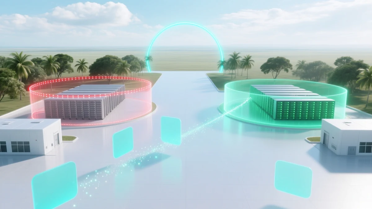 Two data-centre sites on a pale tropical plain, the left one inside a red dashed ring with its racks faded to grey and the right one glowing green inside a green ring, joined by a cyan arc carrying a stream of light from left to right.