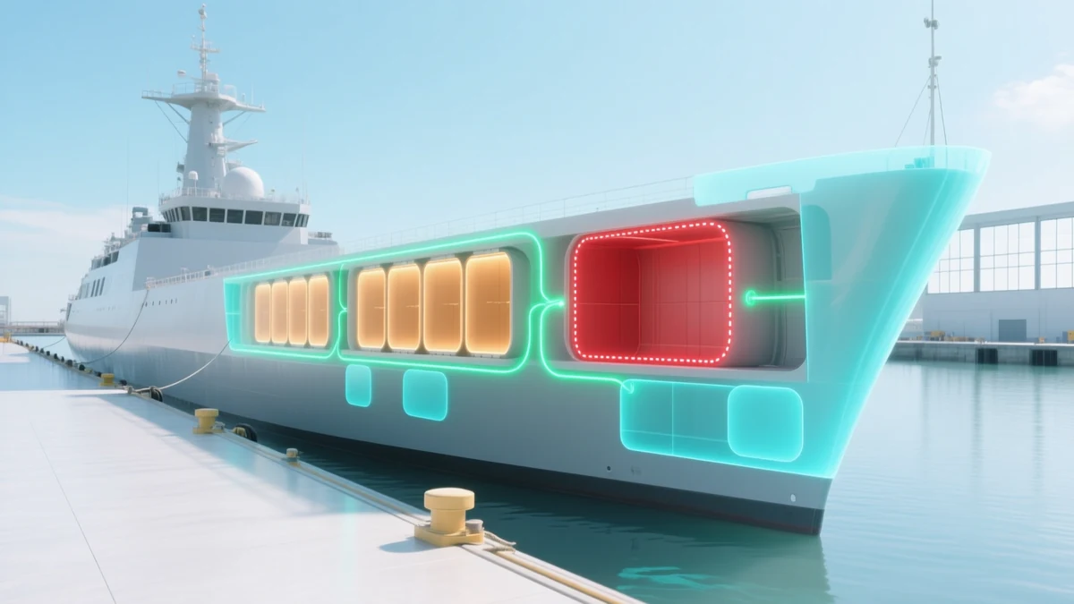 A grey warship at a clean quay, its hull overlaid with a luminous cutaway of compartment cells - several amber and one red inside a dashed outline - with a green path threading around them from bow to stern.