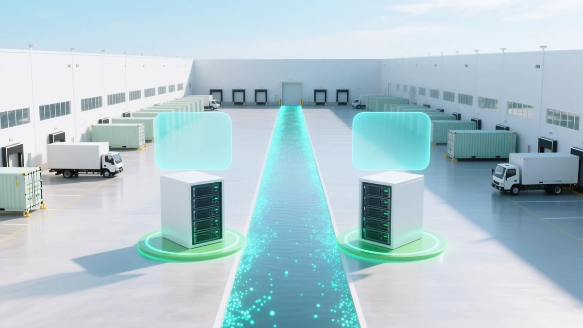 A bright logistics yard of white warehouses and pale containers, a cyan river of data motes running down the centre and splitting to feed two mirrored server blocks, each standing on a green ring.