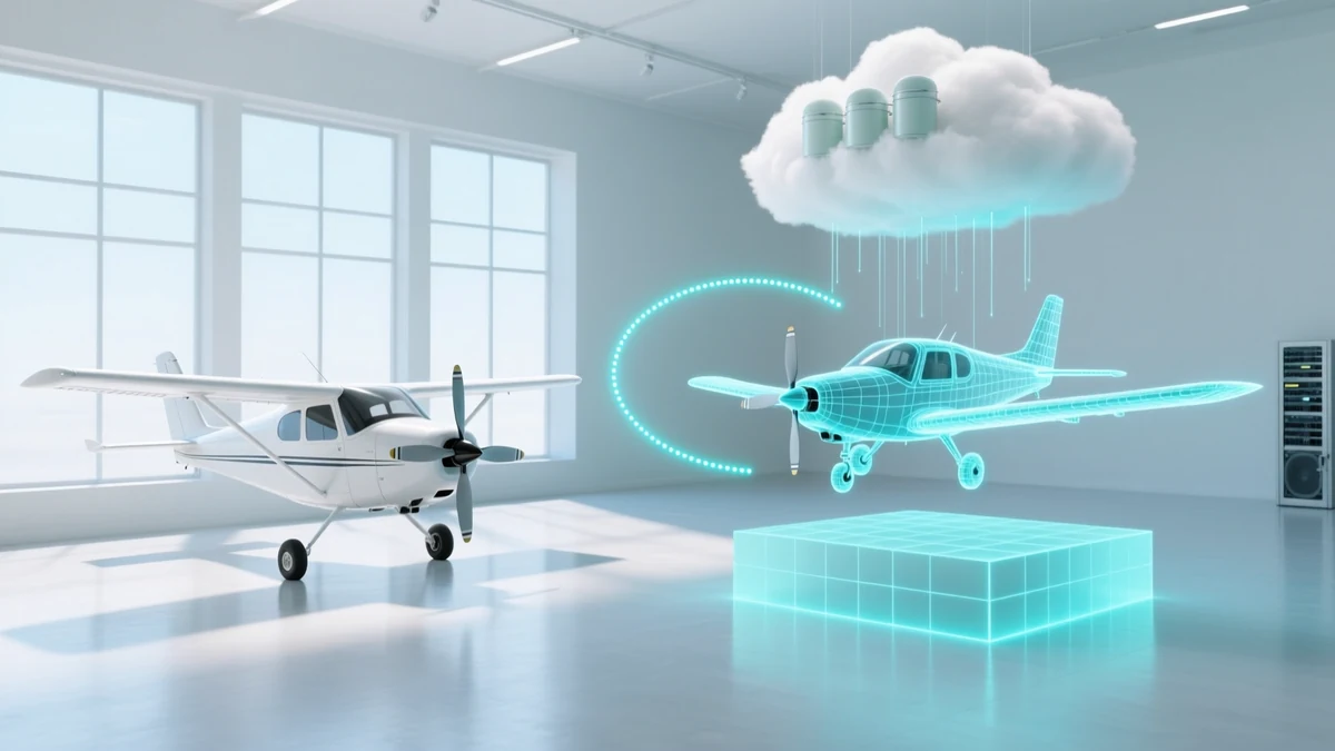 A white light aircraft on a clean hall floor beside an identical cyan wireframe copy of itself hovering over a glowing grid pedestal, a dotted arc linking the two, and a cloud slab of pale server cylinders overhead dropping threads of light onto both.