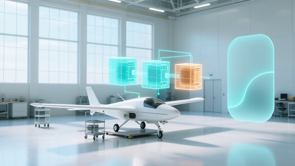 A white fixed-wing unmanned aircraft on a stand in a bright assembly hall, with a floating diagram of three glowing translucent blocks joined by light lines, two cyan and one amber, beside a frosted panel holding a single curve.