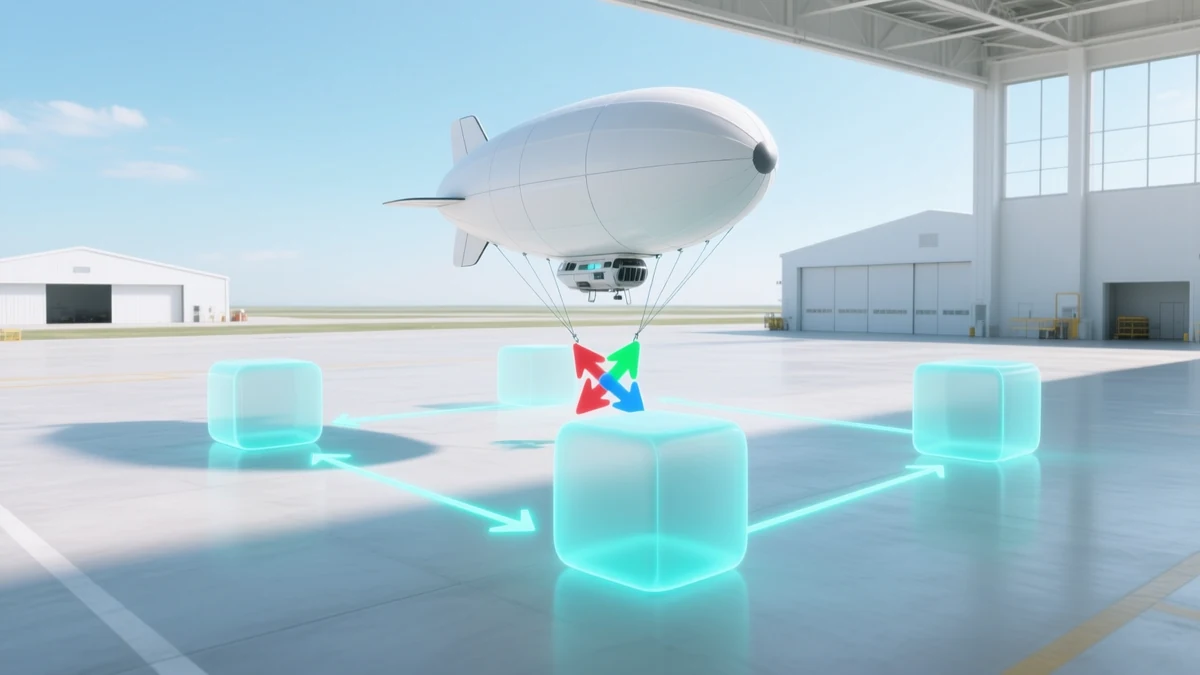 A white unmanned airship hovering over a bright airfield apron, encircled by four glowing translucent blocks joined into a closed loop by arrowed cyan lines, with a red, green and blue attitude gizmo at the craft's centre.