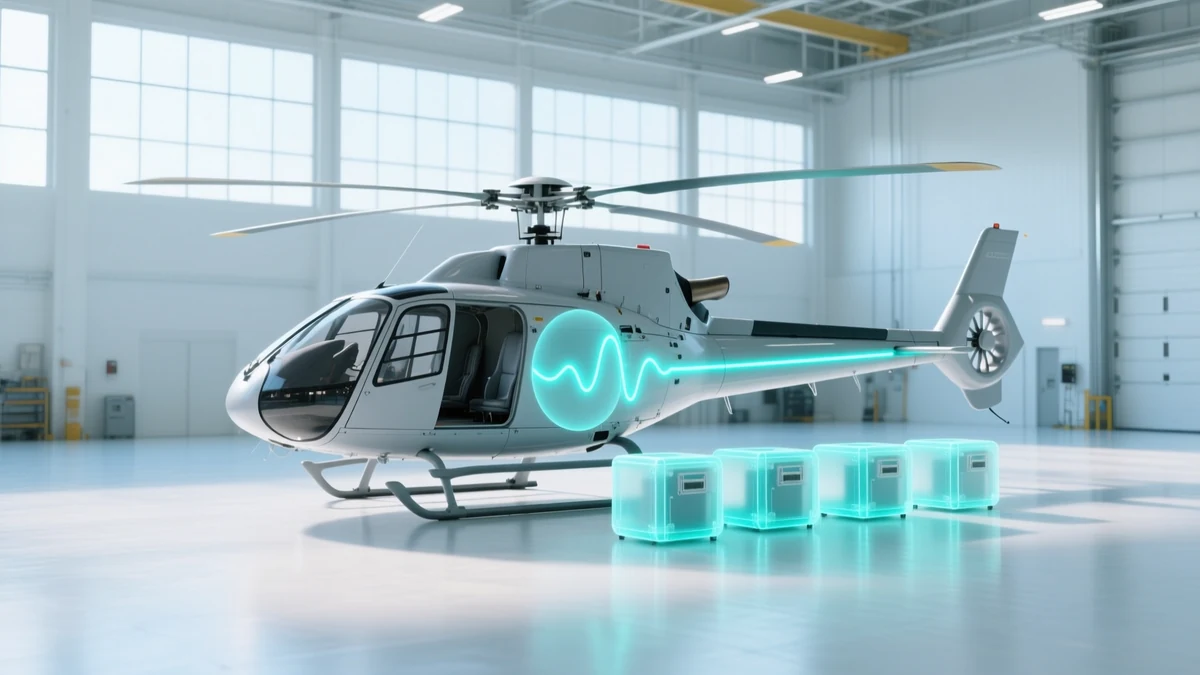 A light-grey civil helicopter in a bright hangar, a luminous cyan line running the length of the fuselage with a waveform at its centre, and four glowing translucent equipment boxes standing on the floor beside it.